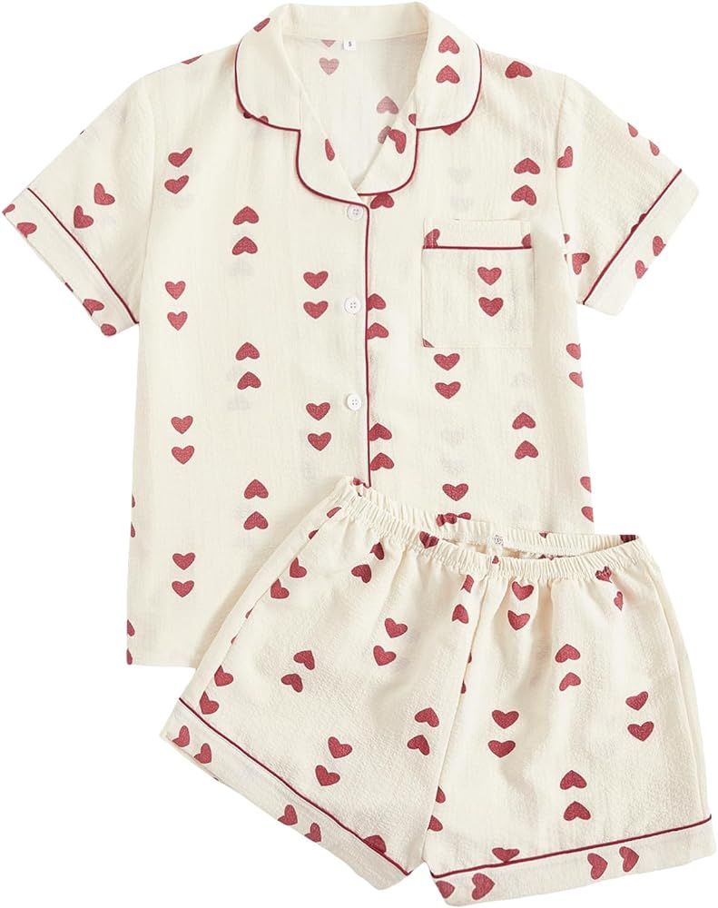 Verdusa Women's Two Piece Heart Print Button Down Collar Shirts and Shorts PJ Sets | Amazon (US)