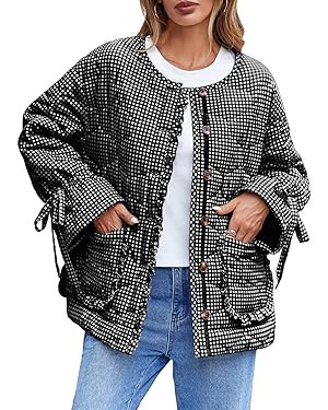Tankaneo Womens Cropped Quilted Puffer Jackets Lightweight Plaid Button Down Bow Padded Down Coat | Amazon (US)