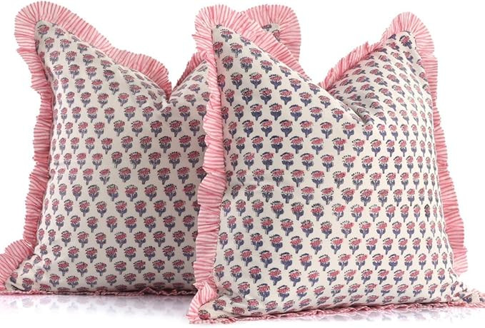 CPC Pink Sapphire Ruffle Throw Pillow Covers for Couch, 20x20 Inch Cotton Stripe Ruffle Couch Pil... | Amazon (US)