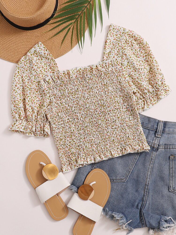Ditsy Floral Frill Shirred Blouse | SHEIN