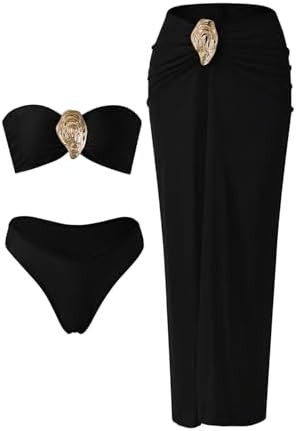 GORGLITTER Women's Strapless Bandeau Swimsuits High Waisted Bikini Sets with Beach Sarong Coverup... | Amazon (US)