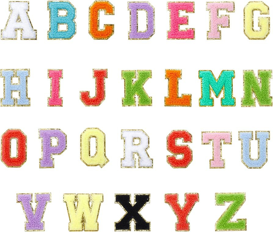 26 Chenille Letter Patches Self Adhesive Colorful Sticker Set with Gold Glitter Border Sew on Emb... | Amazon (US)