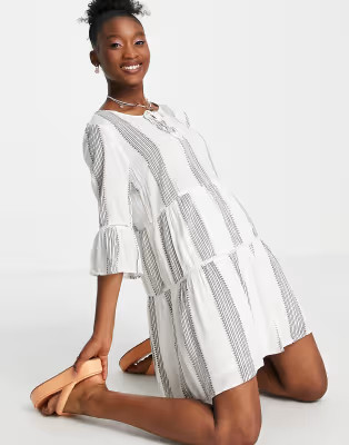 En Crème mini tiered smock dress with ladder detail in stripe | ASOS (Global)