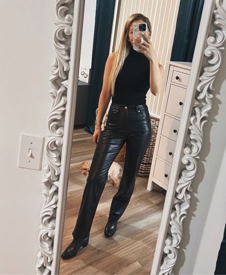 #competition 
Straight leg leather pants and sleeveless turtleneck on sale at Express! — Pants run true to size (5’3/110lbs wearing size 0 Regular!). Size up in the top for a looser fit!

#LTKFind #LTKsalealert #LTKstyletip