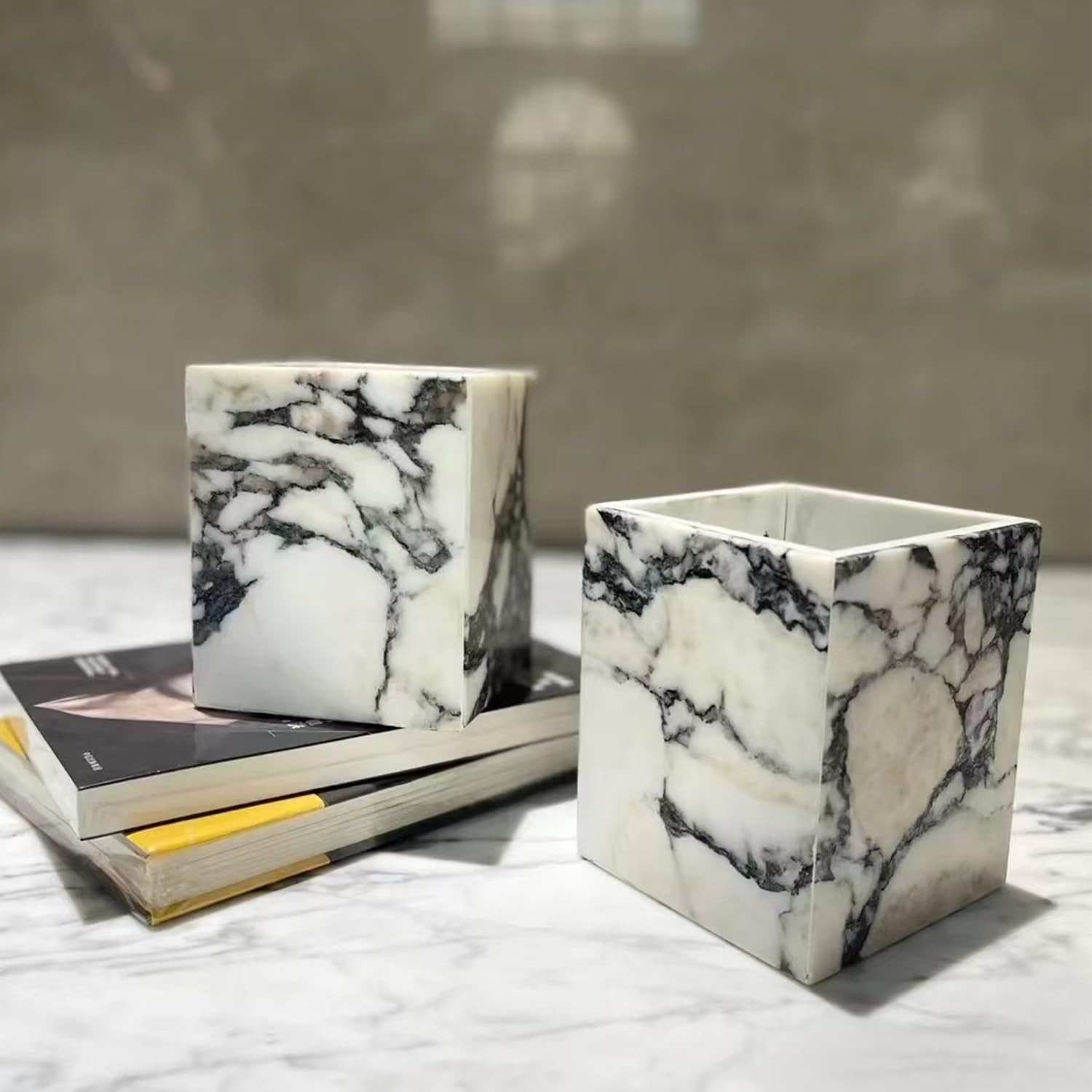 Marble Pen Holder, White Stone Rectangular Desktop Organizer, Office Study Makeup Brush Storage, ... | Amazon (US)