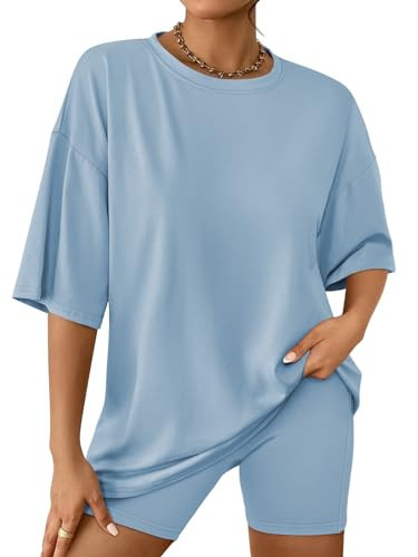 AUTOMET Womens 2 Piece Sets Summer Outfits 2025 Two Piece Lounge Set Matching Clothing Oversized Tshirts Biker Short Fashion GreyBlue L | Amazon (US)