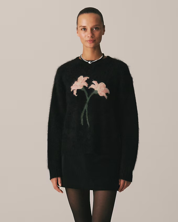 Brushed cashmere relaxed crewneck sweater with floral intarsia | J. Crew US