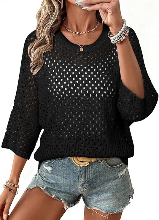 SHEWIN Womens Sweaters Crew Neck 3/4 Length Sleeve Crochet Tops Knit Beach Cover Ups Spring Outfi... | Amazon (US)