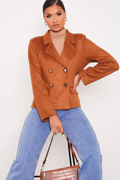 Tan Suedette Button Up Military Blazer | ISAWITFIRST UK