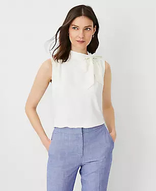 Petite Asymmetrical Tie Neck Mixed Media Shell | Ann Taylor (US)