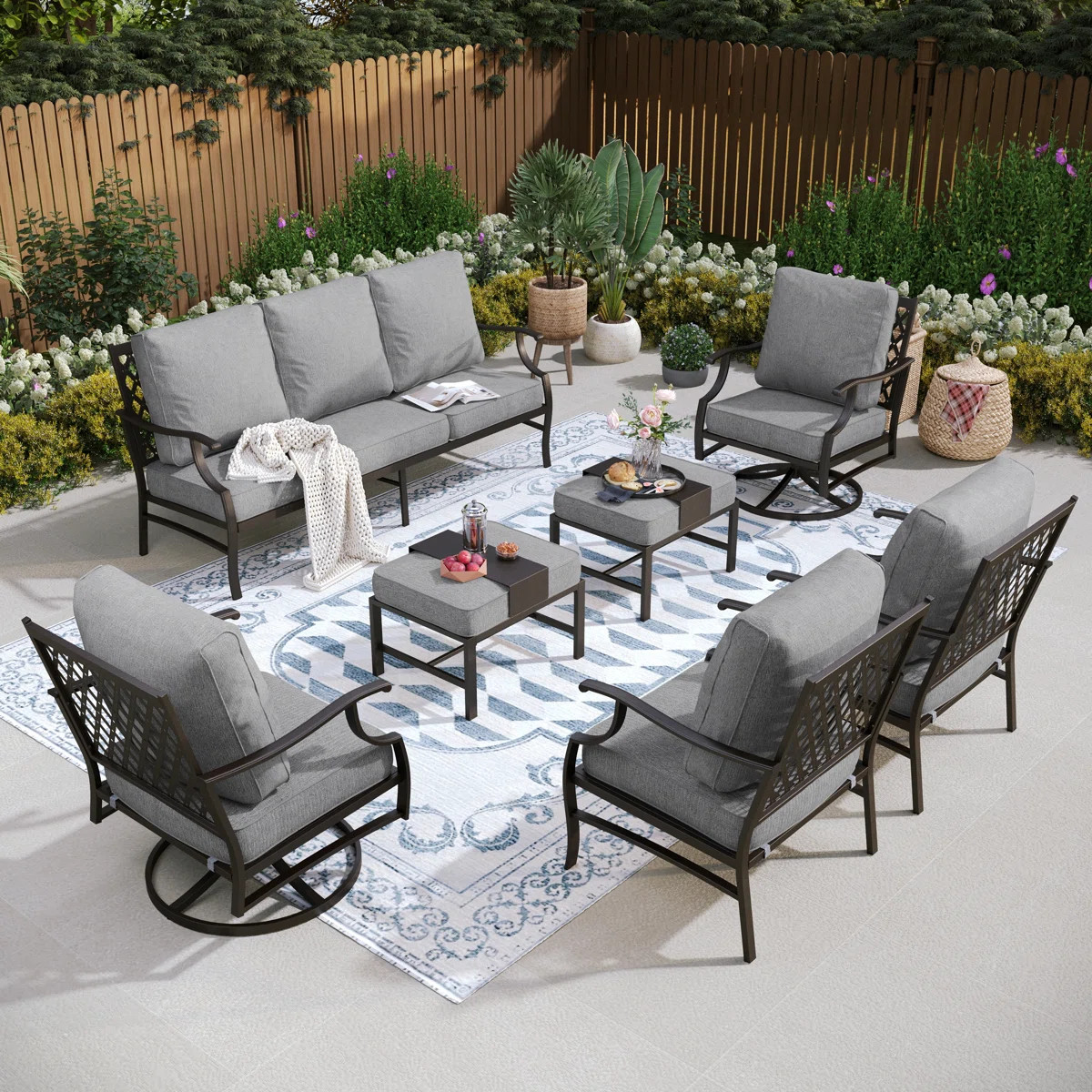 Akadian 9-Person Wicker Patio Conversation Set with Swivel Chairs | Wayfair North America
