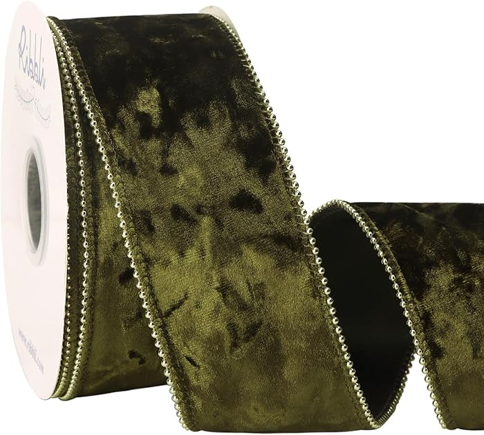 Ribbli Olive Green Crushed Velvet Wired Ribbon with Beaded Pearl Edge, 2-1/2 Inch 10-Yard for Gif... | Amazon (US)