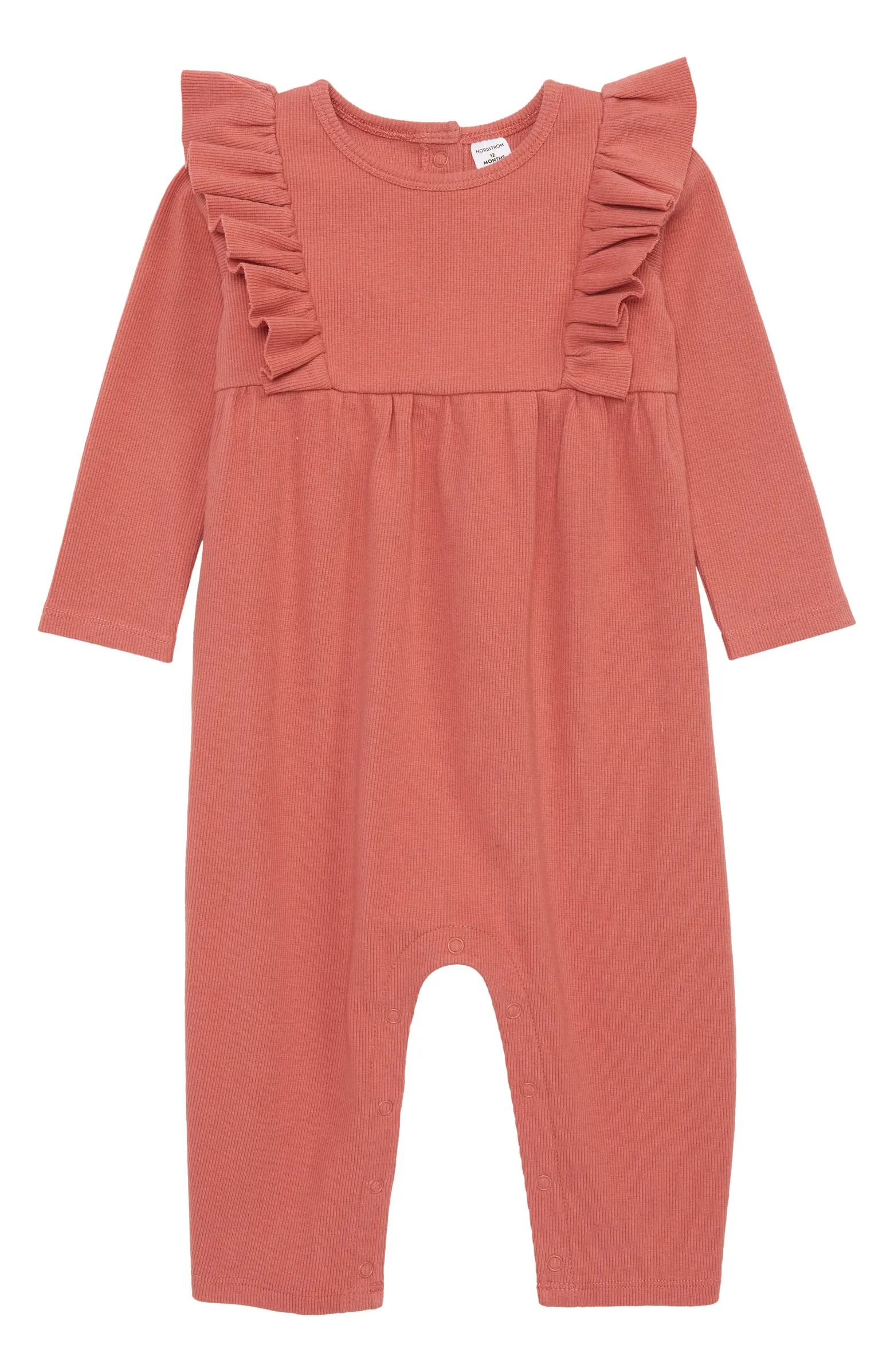 Ruffle Rib Stretch Cotton Romper | Nordstrom