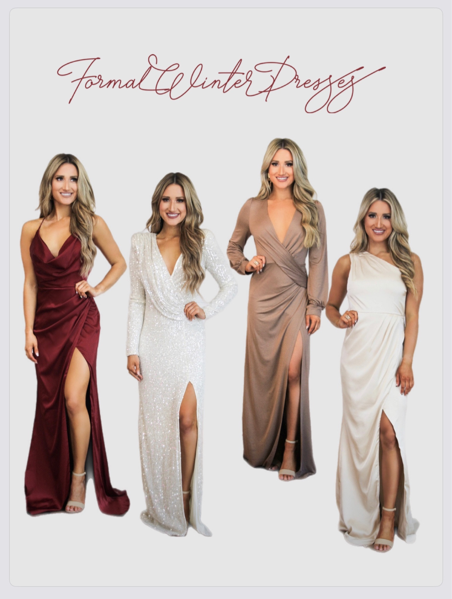 🤍💫 🎄 ❄️ 

Formal winter dresses for all your holiday Parties and events this year 🙌🏼🤩 and all but the red are under $100 (it’s $129) gorgeous styles for NYE party, winter wedding guests, winter wedding celebrations, military ball gowns, & winter formal! 🥂 ✨ 