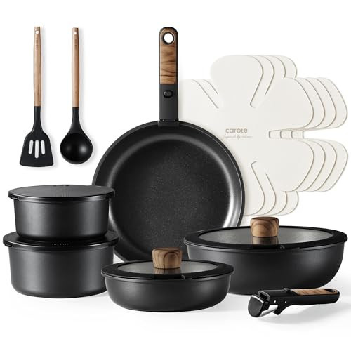 CAROTE 17pcs Pots and Pans Set, Nonstick Cookware Set Detachable Handle, Induction Kitchen Cookware Sets Non Stick with Removable Handle, RV Cookware Set, Oven Safe, Jet Black | Amazon (US)