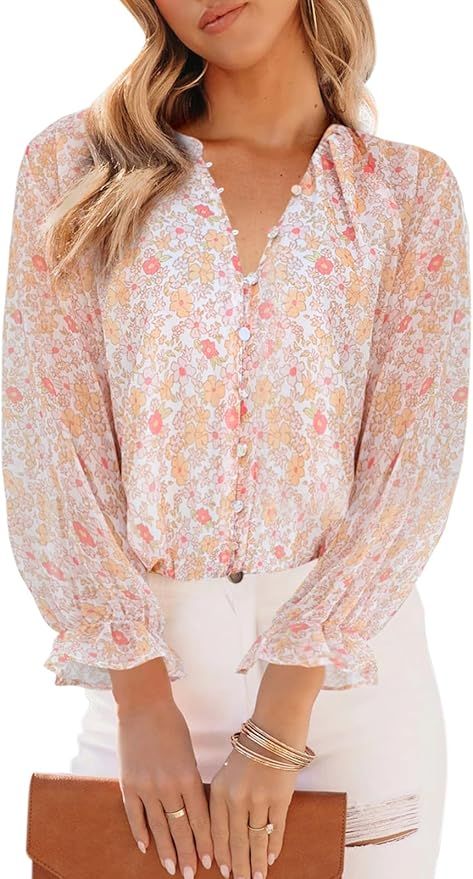 Womens Casual Boho Floral Print V Neck Long Sleeve Blouses Button Down Shirts Dressy Chiffon Loos... | Amazon (US)