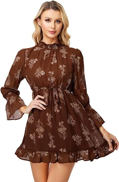 Floerns Women's Mock Neck Long Sleeve Floral Print Ruffle Short Dress | Amazon (US)