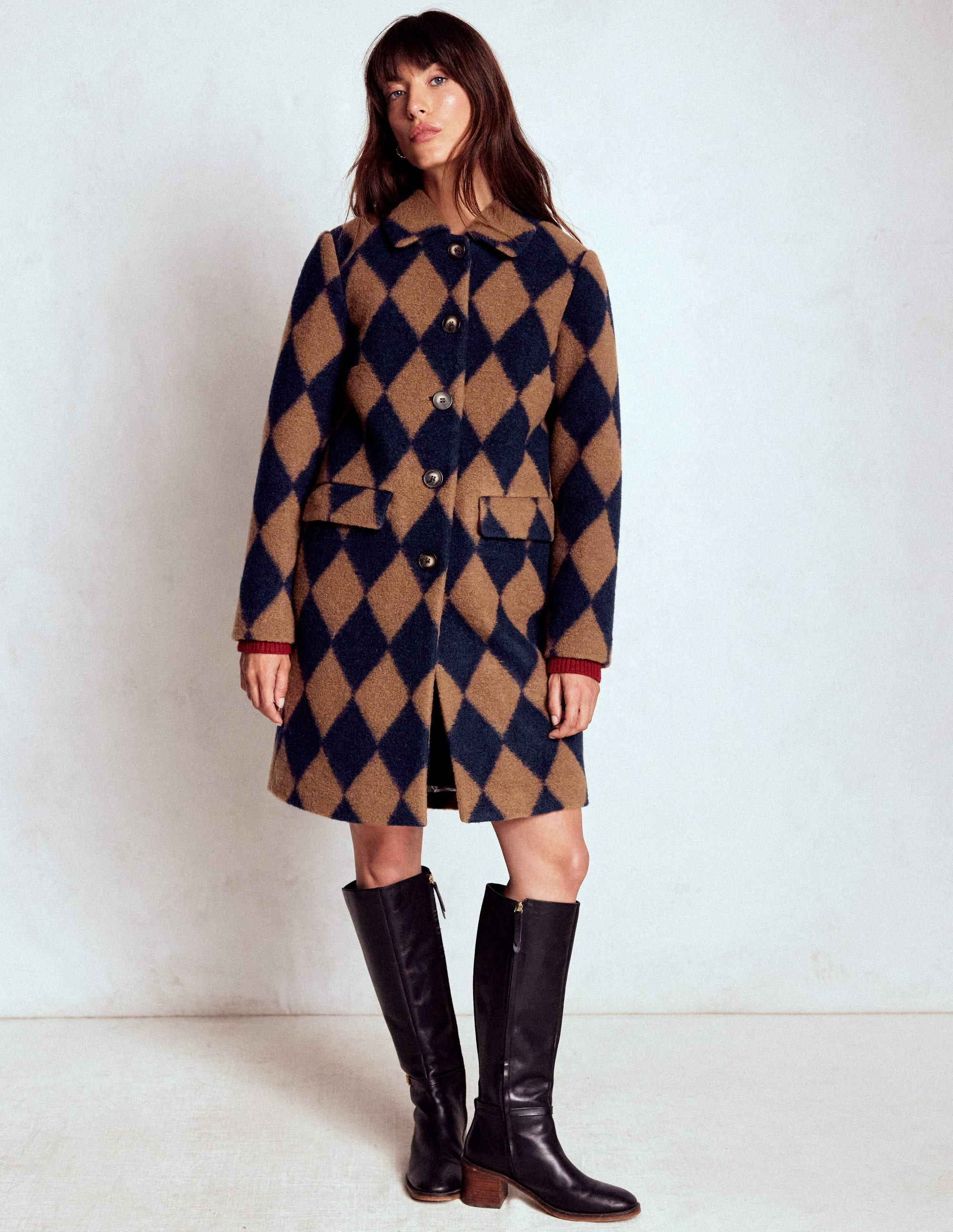 Edinburgh Swing Coat-Camel and Navy Argyle | Boden (US)