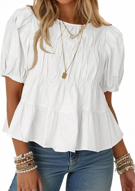 Tankaneo Womens Puff Sleeve Peplum Babydoll Tops Summer Smoked Pleated Cotton T-Shirts Casual Loo... | Amazon (US)