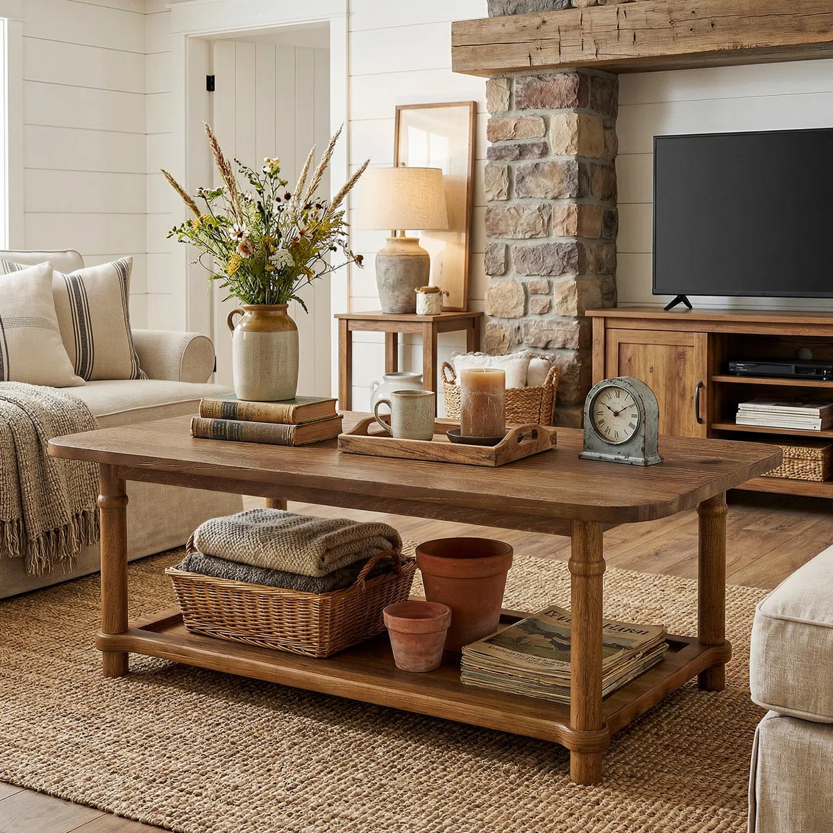 47" Solid Wood Coffee Table, Modern Farmhous Center Table with 2-Tier Storage | Wayfair North America