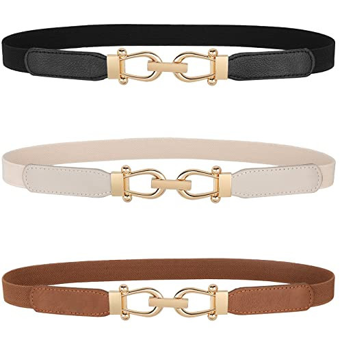 JASGOOD Women Skinny Elastic Belt for Dresses,Thin Retro Stretch Waist Belt with Golden Buckle 3 Pack,Black+Brown+Beige,Fit waist size 24-28 inch | Amazon (US)