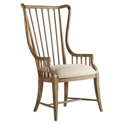 Daniel French Country Brown Wood Beige Upholstered Windsor Dining Arm Chair | Kathy Kuo Home