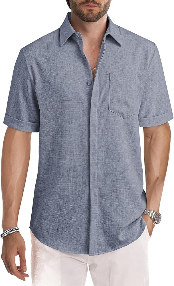 JMIERR Men's Casual Stylish Short Sleeve Button-Up Striped Dress Shirts Cotton Beach Shirt | Amazon (US)