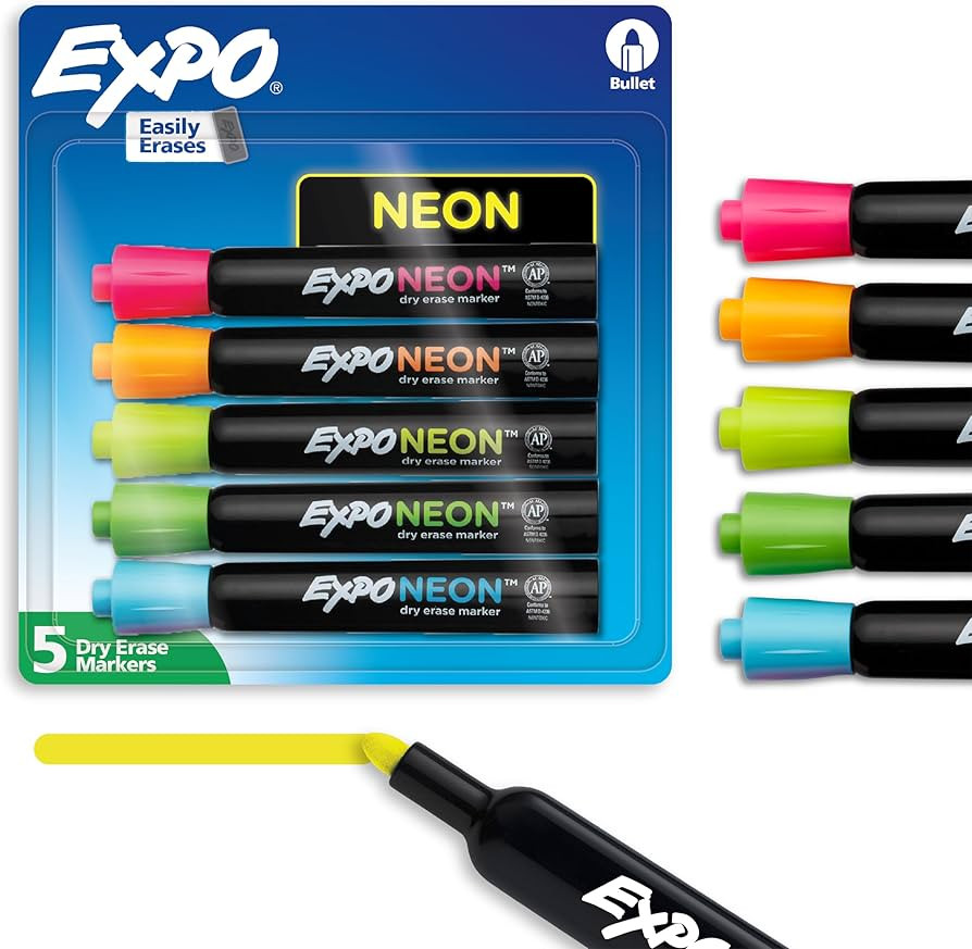 Expo Neon Dry Erase Markers Bullet Tip Assorted Colors 5 Count | Amazon (US)