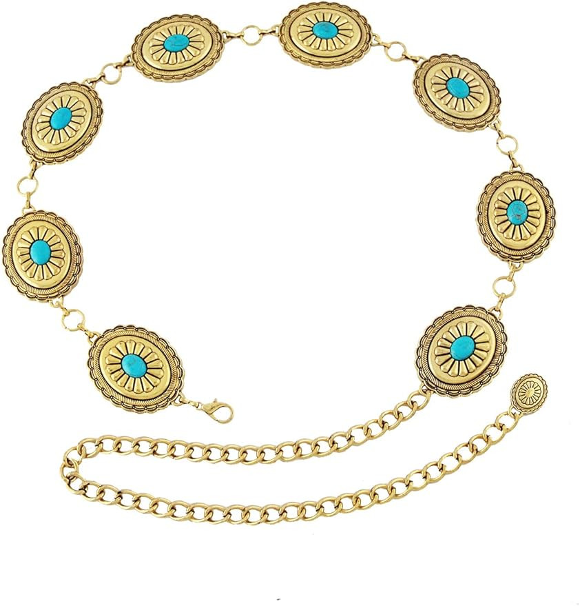 Western Metal Concho Chain Belts for Women Turquoise Flower Cowgirl Belt for Dresses Jeans | Amazon (US)