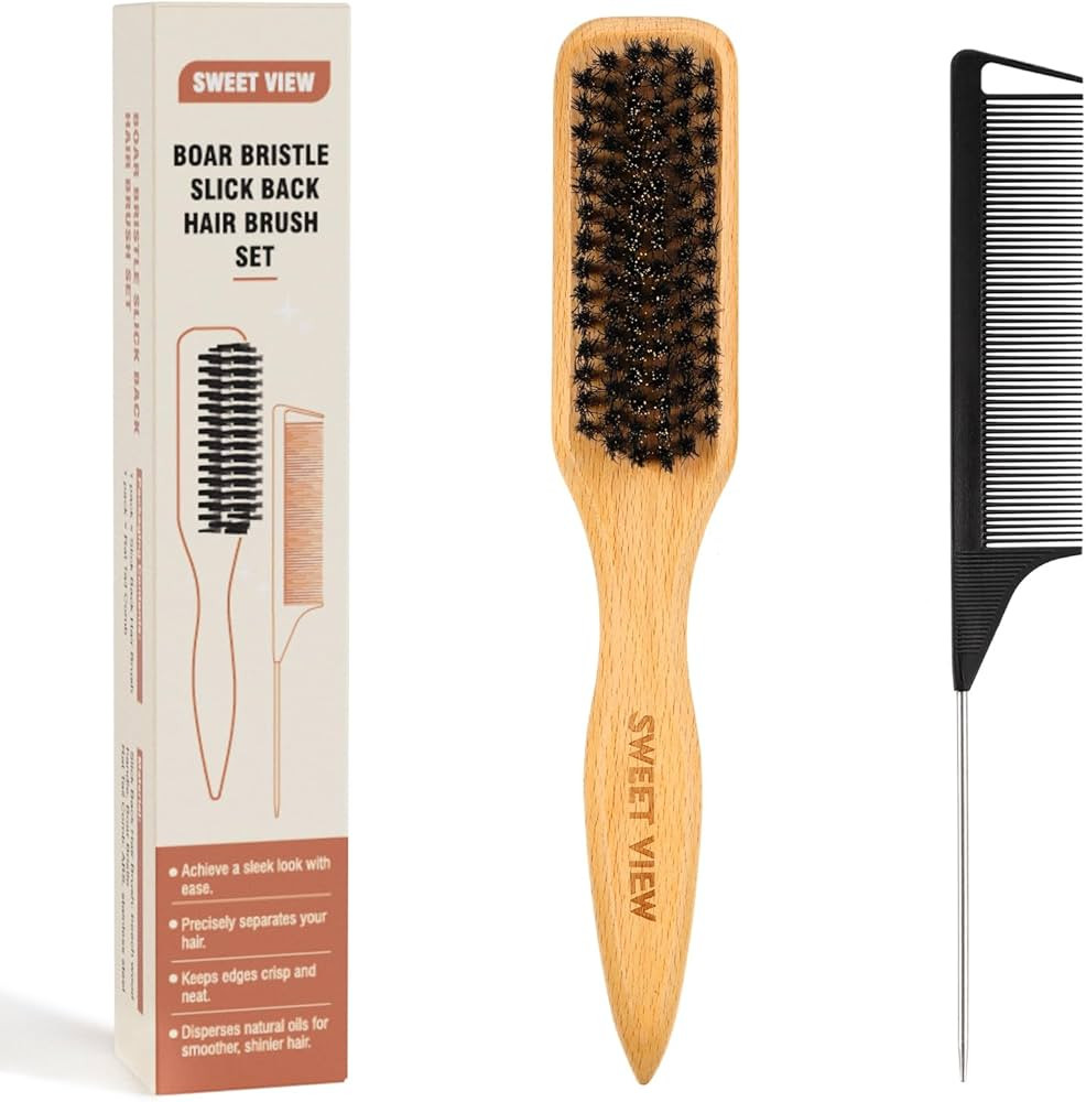 SWEET VIEW Boar Bristle Slick Back Hair Brush for Smooth Flyaways, Frizz, Sleek Ponytail, Buns an... | Amazon (US)
