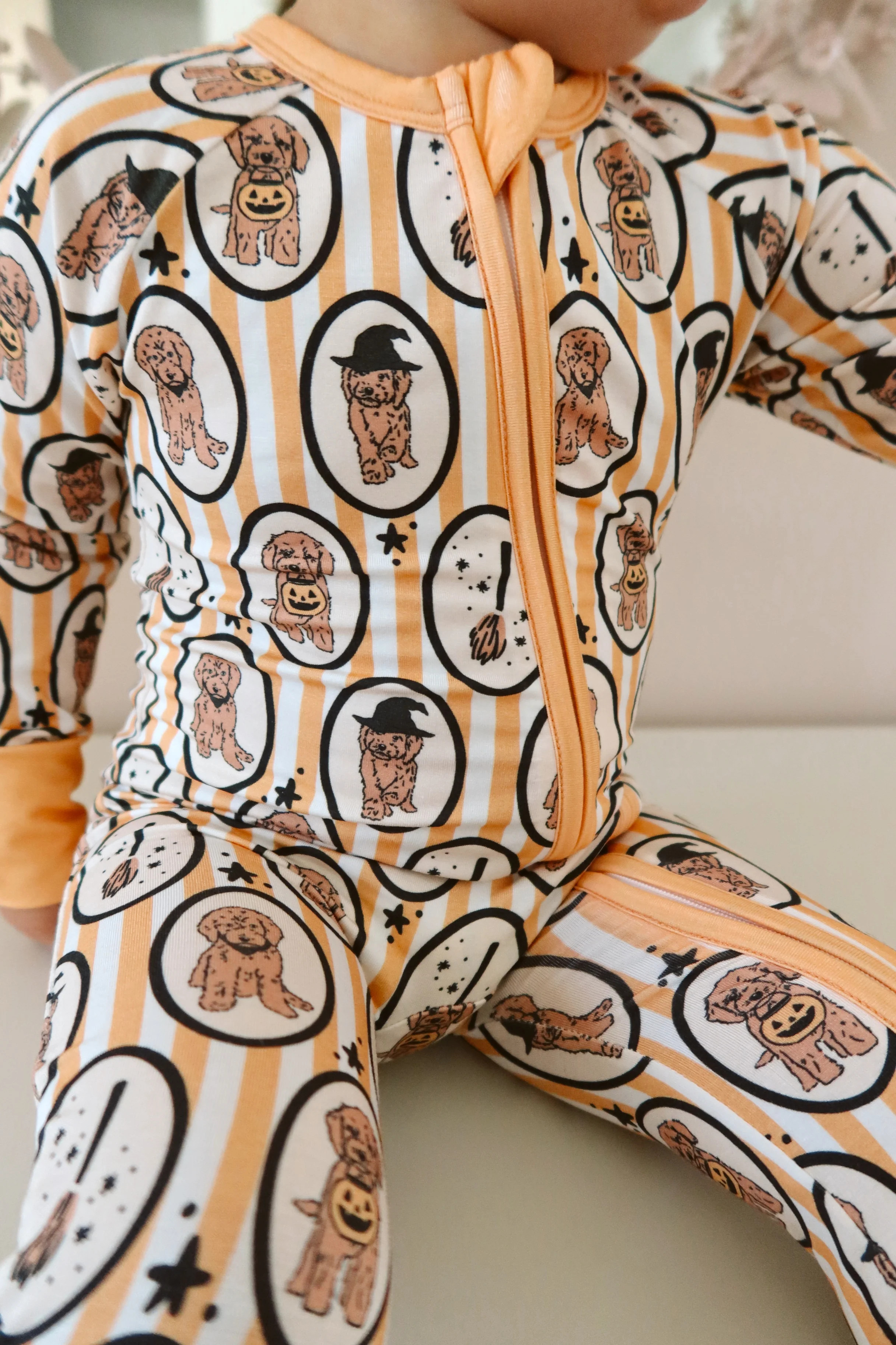 Orange Howl-o-Ween Pups Zipper Romper | In My Jammers