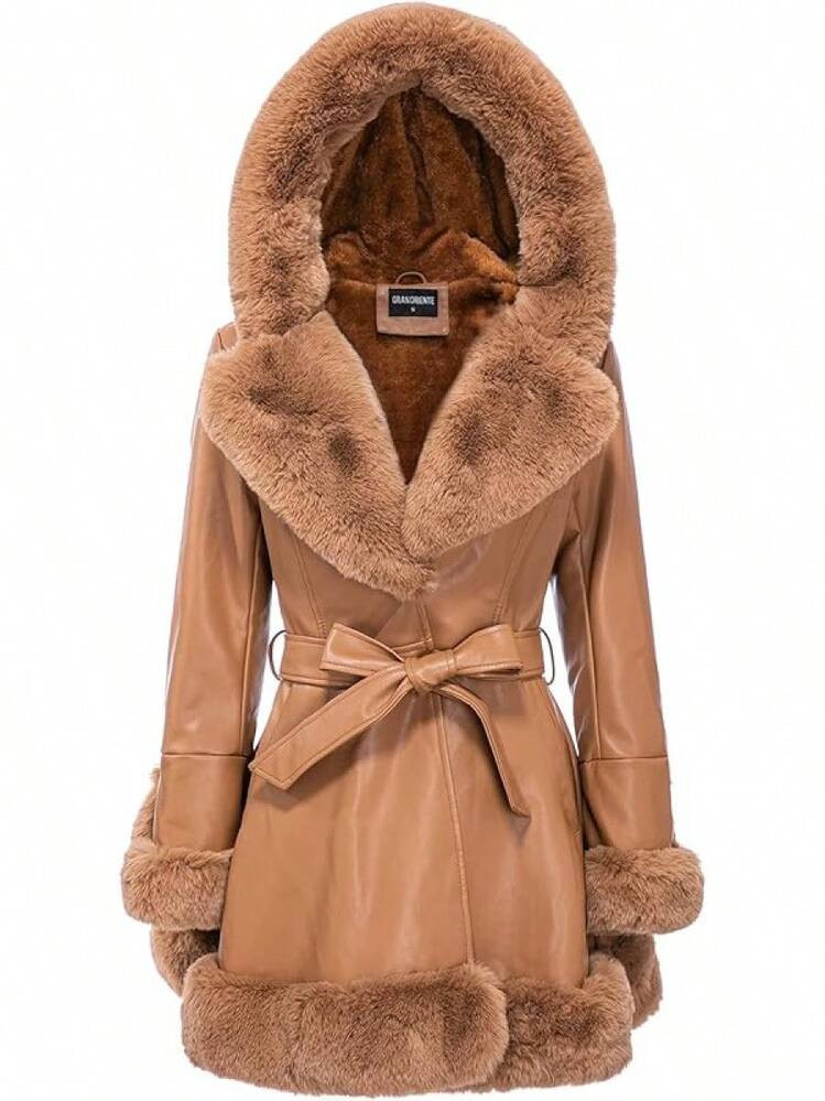 Women's Faux Leather Jacket With Faux Fur Collar, Winter Long Sleeve Furry Trim Peplum Parka Coat... | SHEIN