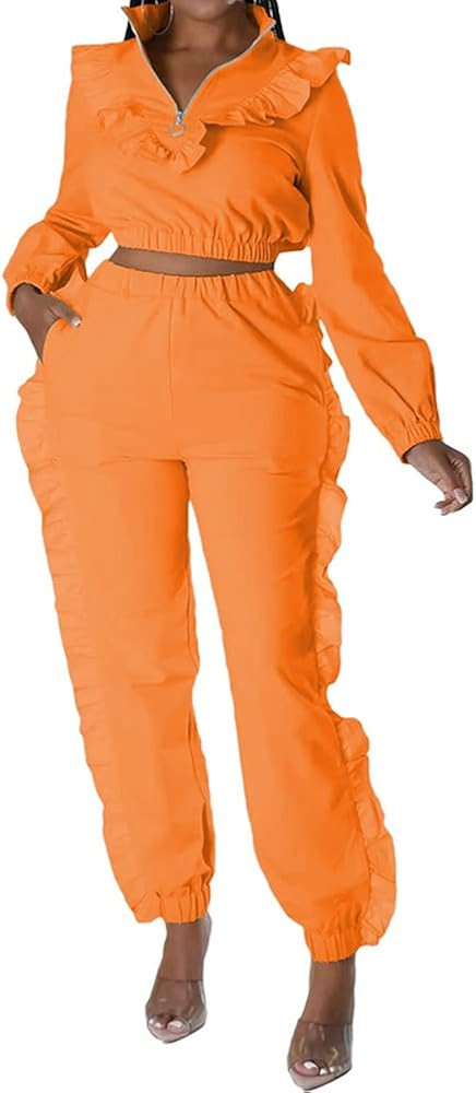 Women Casual 2 Piece Outfits Long Sleeve Ruffle Trim Zip Up Pullover Tops High Waist Flounced Pan... | Amazon (US)