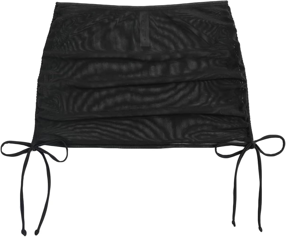 Falainetee Womens Drawstring Solid Black Mesh Cover Up Black Sheer Cover Up Skirt Beach Skirt Skirts | Amazon (US)