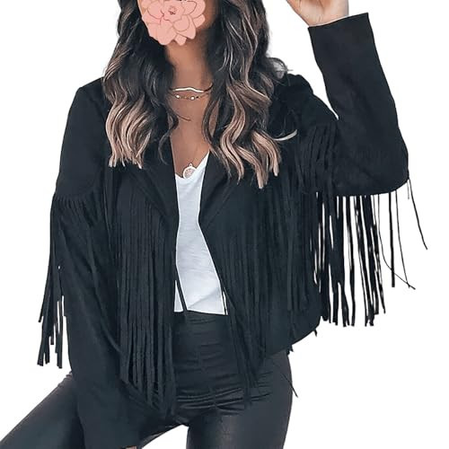 CBDAO Women's Fringe Western Denim Short Jacket Blazer Collar Fringe Coat Trendy Fall Going-Out Long Sleeve Tops (Medium,Black) | Amazon (US)