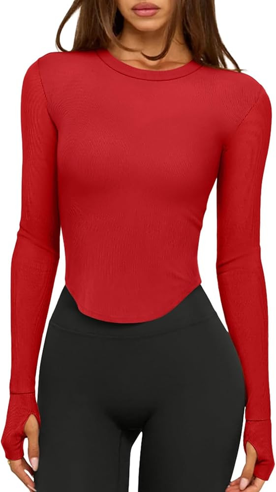 LASLULU Womens Long Sleeve Workout Tops Crop Tops Crew Neck Ribbed Slim Fitted Breathable Running... | Amazon (US)
