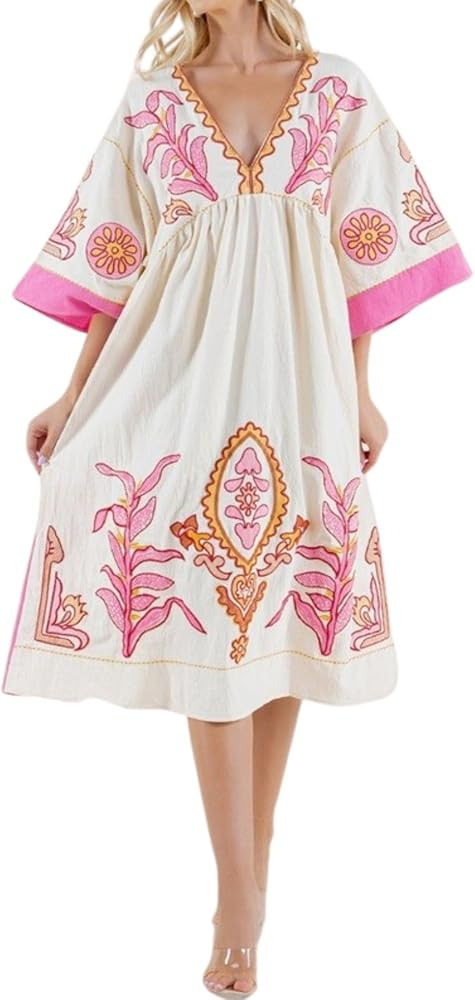 Womens Oversized Floral Embroidered Long Dress with V-Neck and 3/4 Sleeves Vintage Embroidery Bab... | Amazon (US)