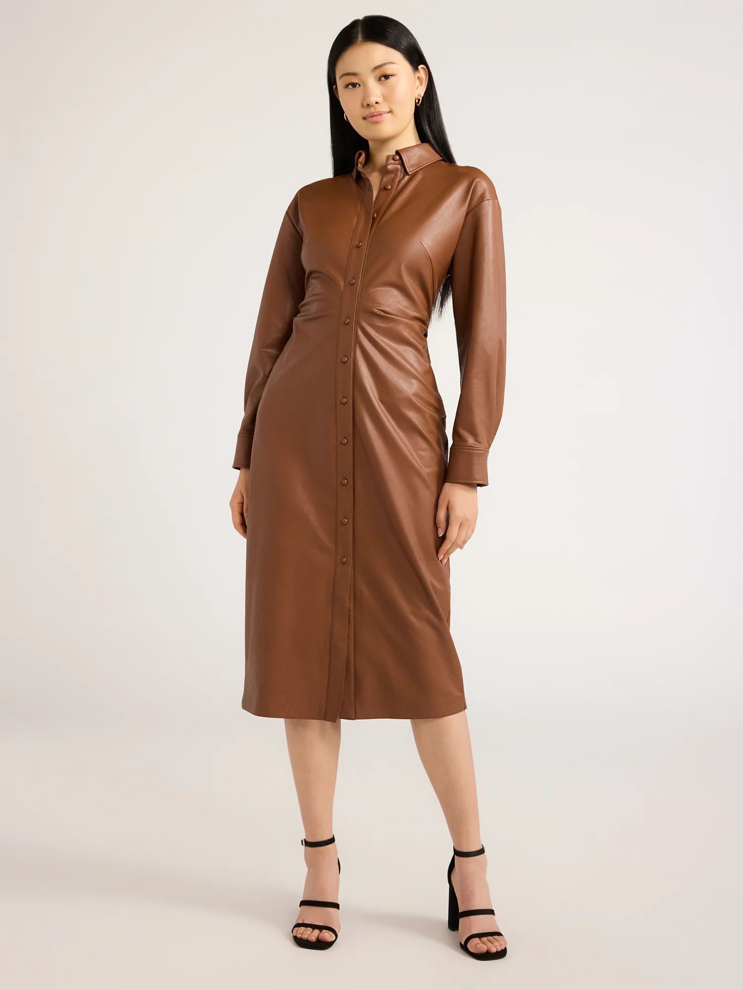 Scoop Women’s Faux Leather Maxi Shirtdress with Side Ruching, Sizes XS-XXL - Walmart.com | Walmart (US)