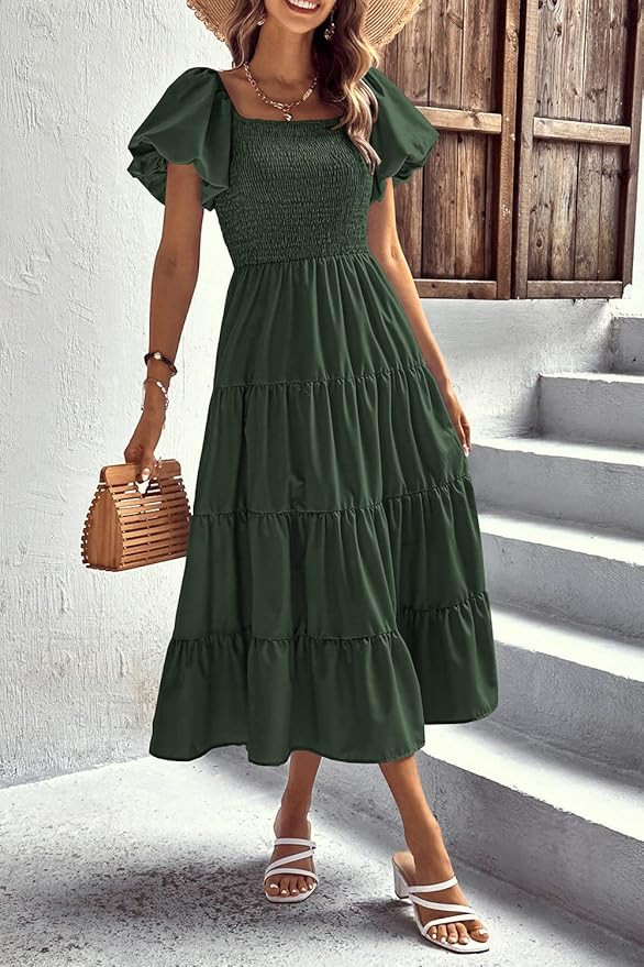 PRETTYGARDEN Women's Casual Summer Midi Dress Puffy Short Sleeve Square Neck Smocked Tiered Ruffl... | Amazon (US)