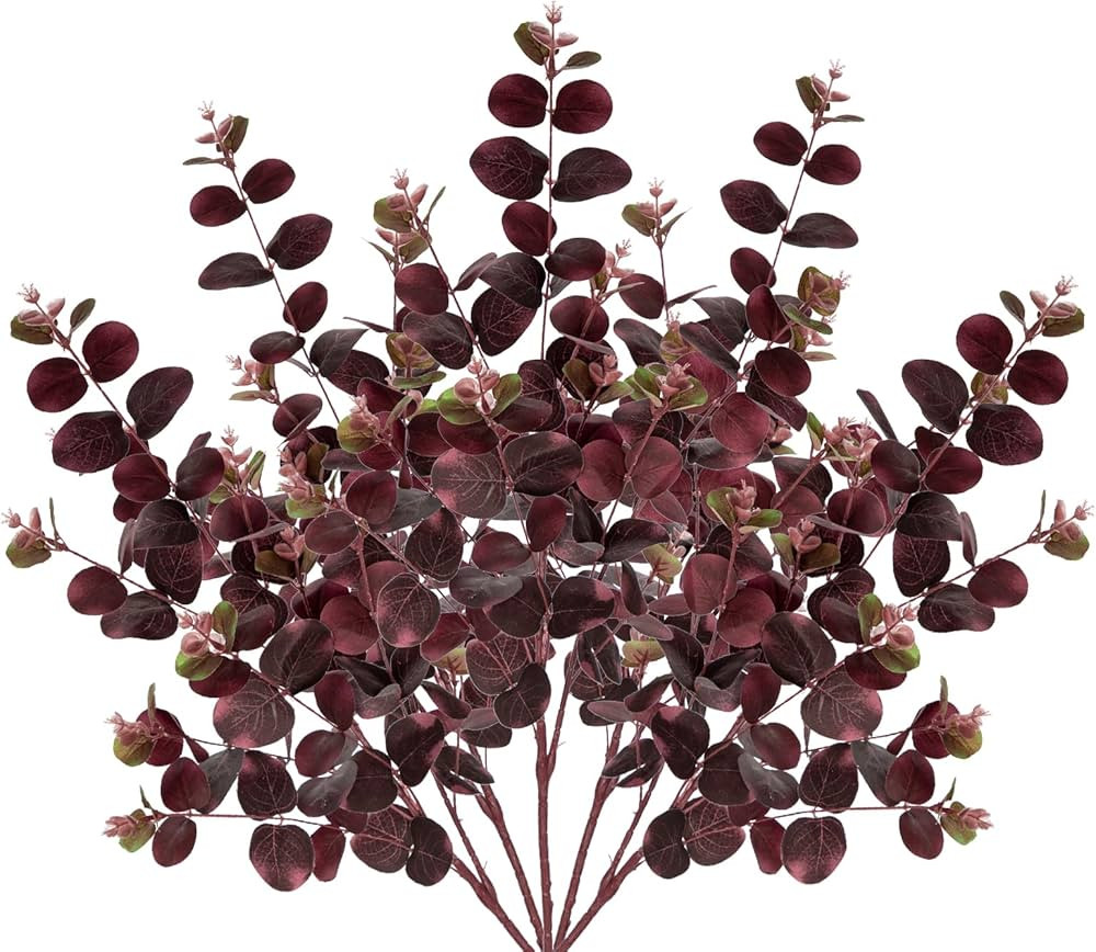 5 Pcs Burgundy Artificial Eucalyptus Stems 34.6" Fake Silk Plants for Floral Arrangements, Fake P... | Amazon (US)