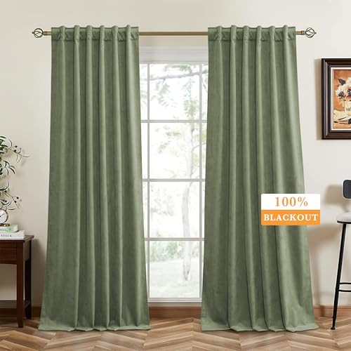 RYB HOME Sage Green Blackout Velvet Curtains 96 inches Long, Total Light Blocking Room Darkening Thermal Insulated Back Tab Curtains for Nursery Bedroom, Sage Green, 52W x 96L, 2 Panels | Amazon (US)