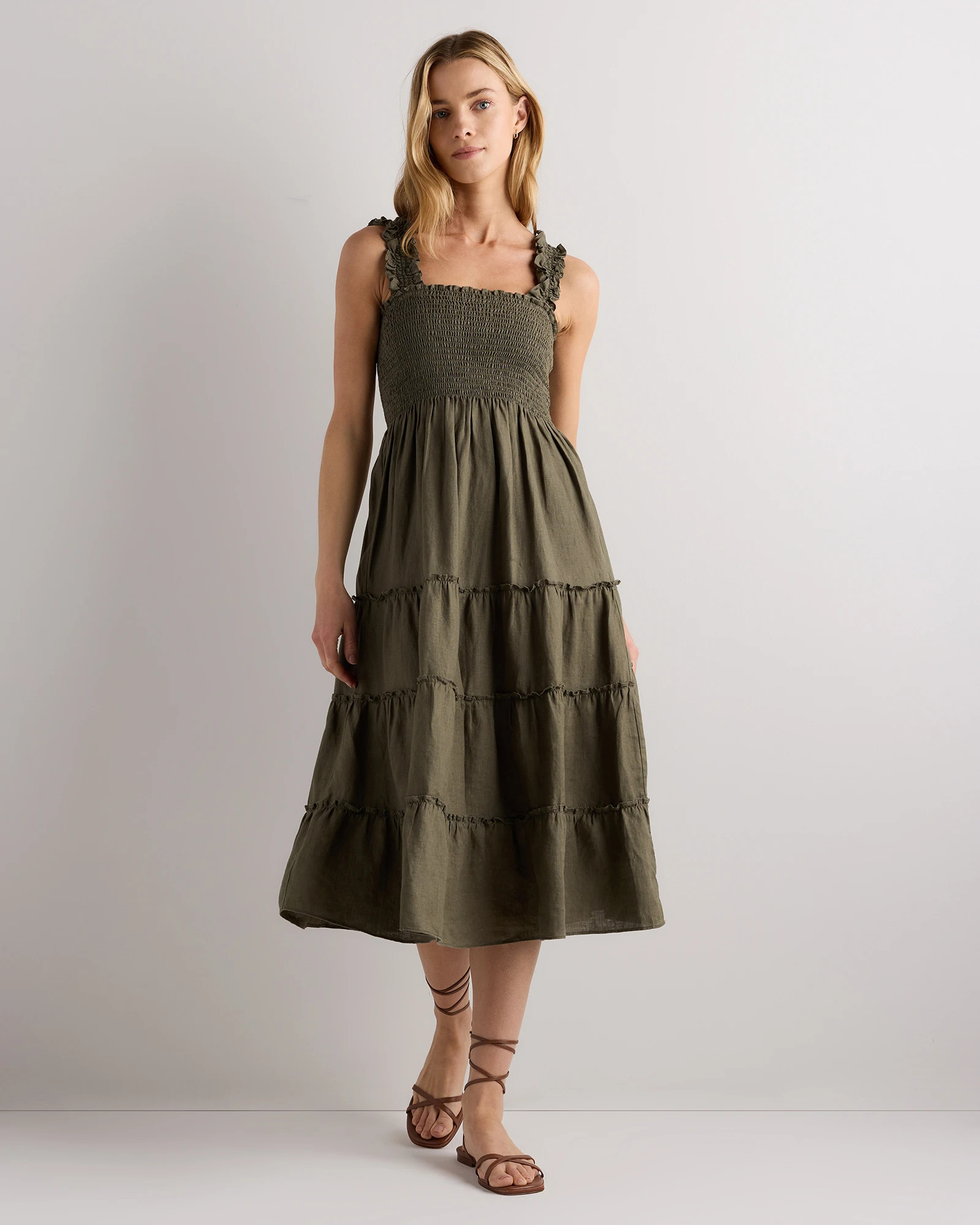 100% European Linen Smocked Midi Dress in Bayberry Olive | Quince