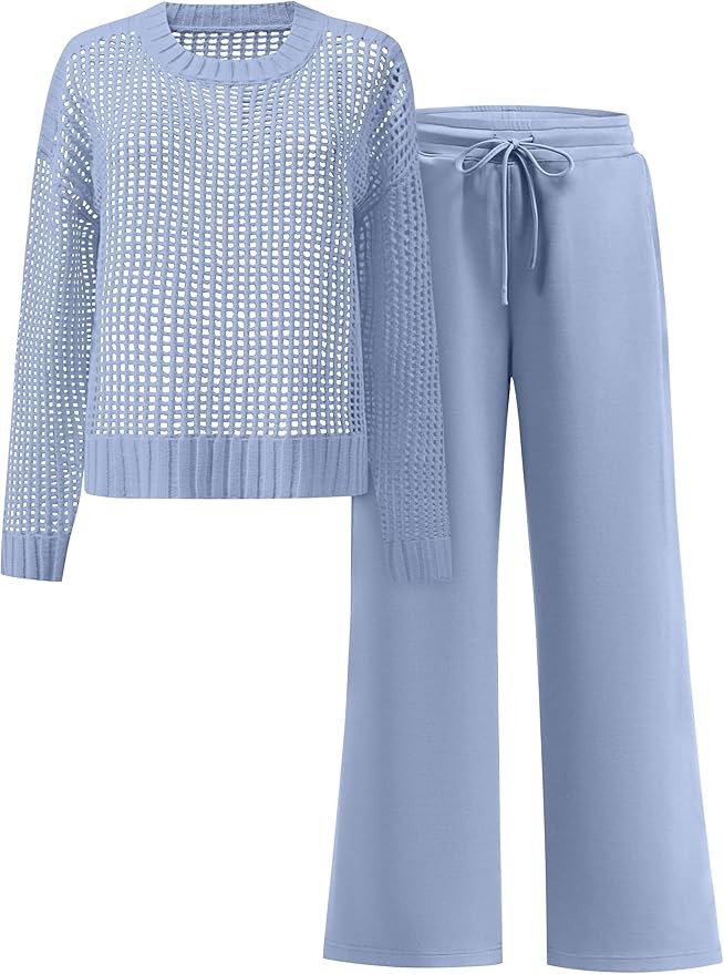 ANRABESS Womens 2 Piece Outfits Crochet Sheer Knit Sweater Top Wide Leg Pants Lounge Set Sweatsui... | Amazon (US)