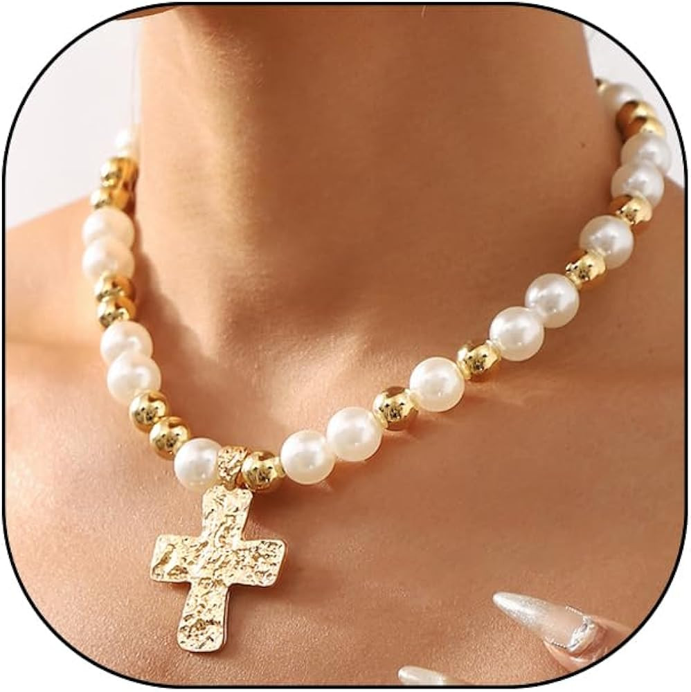 Cross Necklace for Women Chunky 14K Gold Pearl Cross Beaded Pendant Necklace Adjustable Vintage P... | Amazon (US)