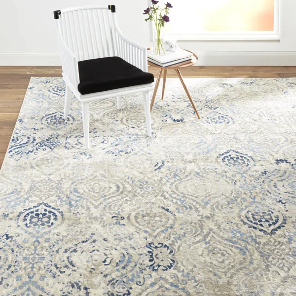 Rondo Damask Ivory/Blue Area Rug | Wayfair North America