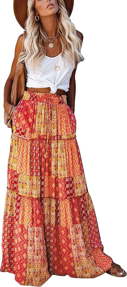 ALUWU Women's Long Maxi Bohemian High Waist A Line Skirt with Pockets | Amazon (US)