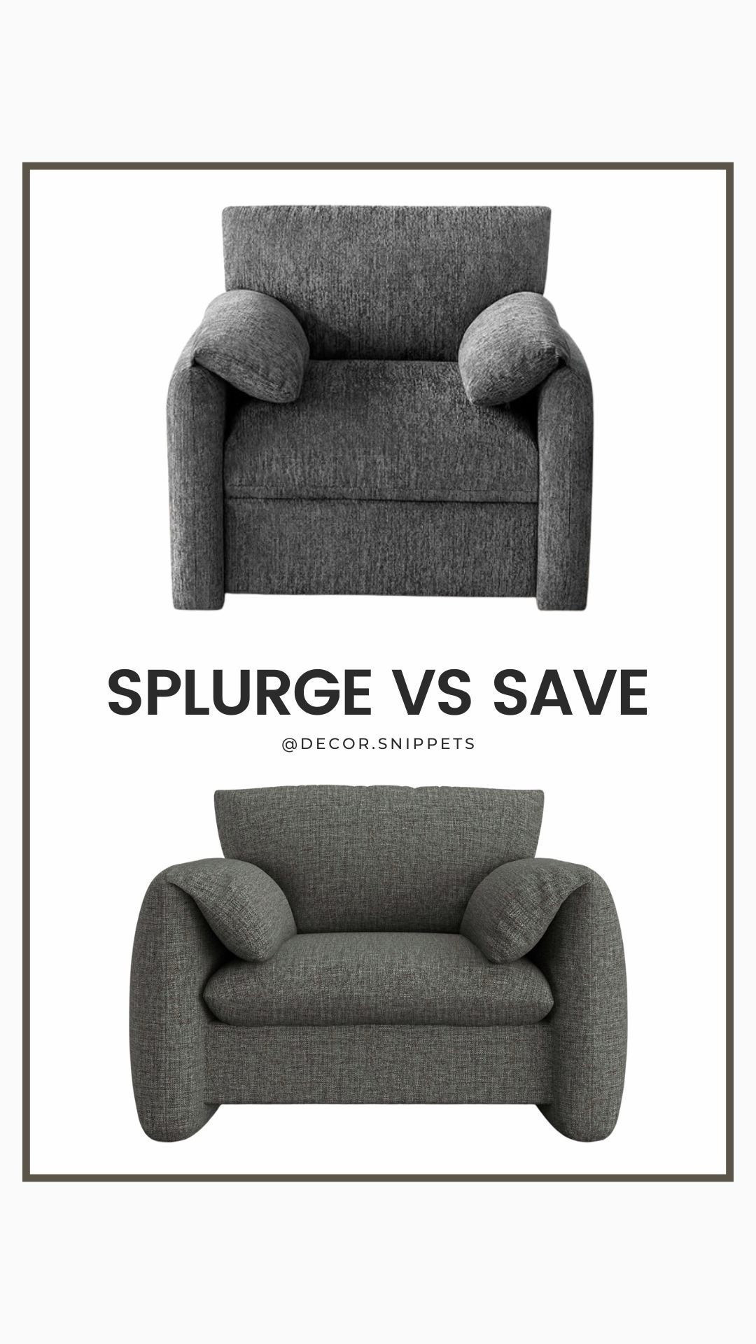 Cozy up in style without breaking the bank! This Splurge vs Save side-by-side shows two ultra-comfy, designer-inspired armchairs — one a high-end investment and the other a budget-friendly dupe. Both offer the same plush, modern aesthetic with soft curves and deep seating perfect for lounging.

✨ Love the look? Tap to shop your favorite version now!
#SplurgeVsSave #CozyVibes #HomeDecor #ArmchairStyle #AffordableDecor




#LTKSaleAlert #LTKHome