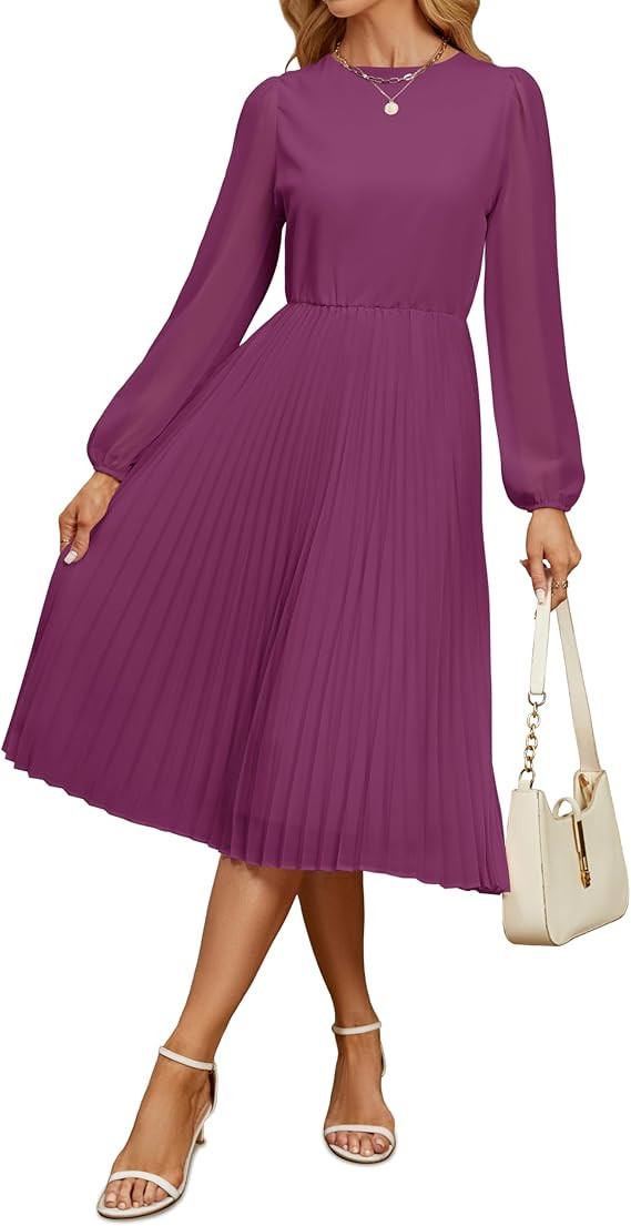 ZESICA Women's Fall Long Sleeve Dresses 2024 Casual Crewneck Chiffon Swing Pleated A Line Cocktai... | Amazon (US)