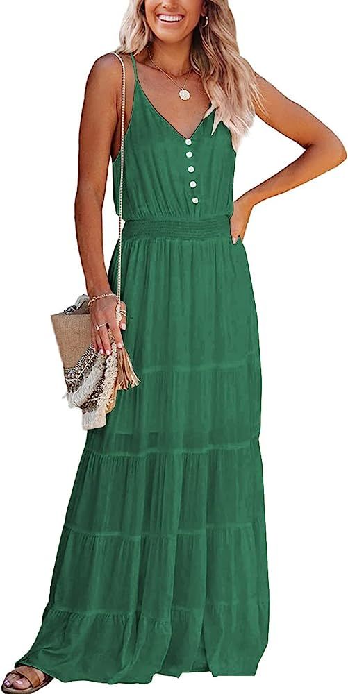 PRETTYGARDEN Women's Causal Summer Dress Spaghetti Strap Sleeveless High Waist Beach Long Maxi Dress | Amazon (US)