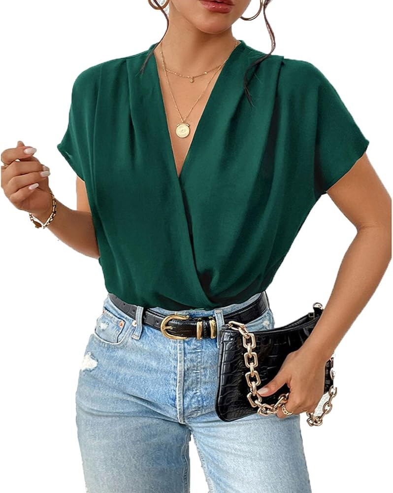 Women's Wraped V Neck Ruched Bodysuit Short Sleeve Loose Fit Leotard Top | Amazon (US)